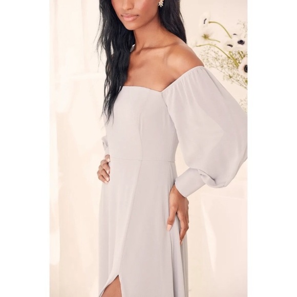 NWT LULU’S Off Shoulder Chiffon Maxi Dress in Pale Grey - Picture 3 of 10